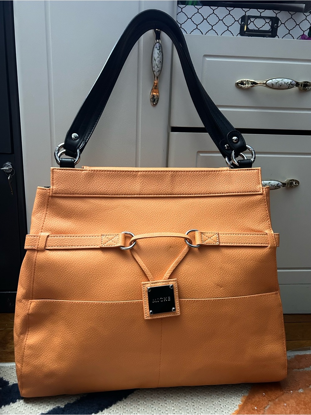 Miche Women’s Large Structured Orange Tote Handbag with Black Handles